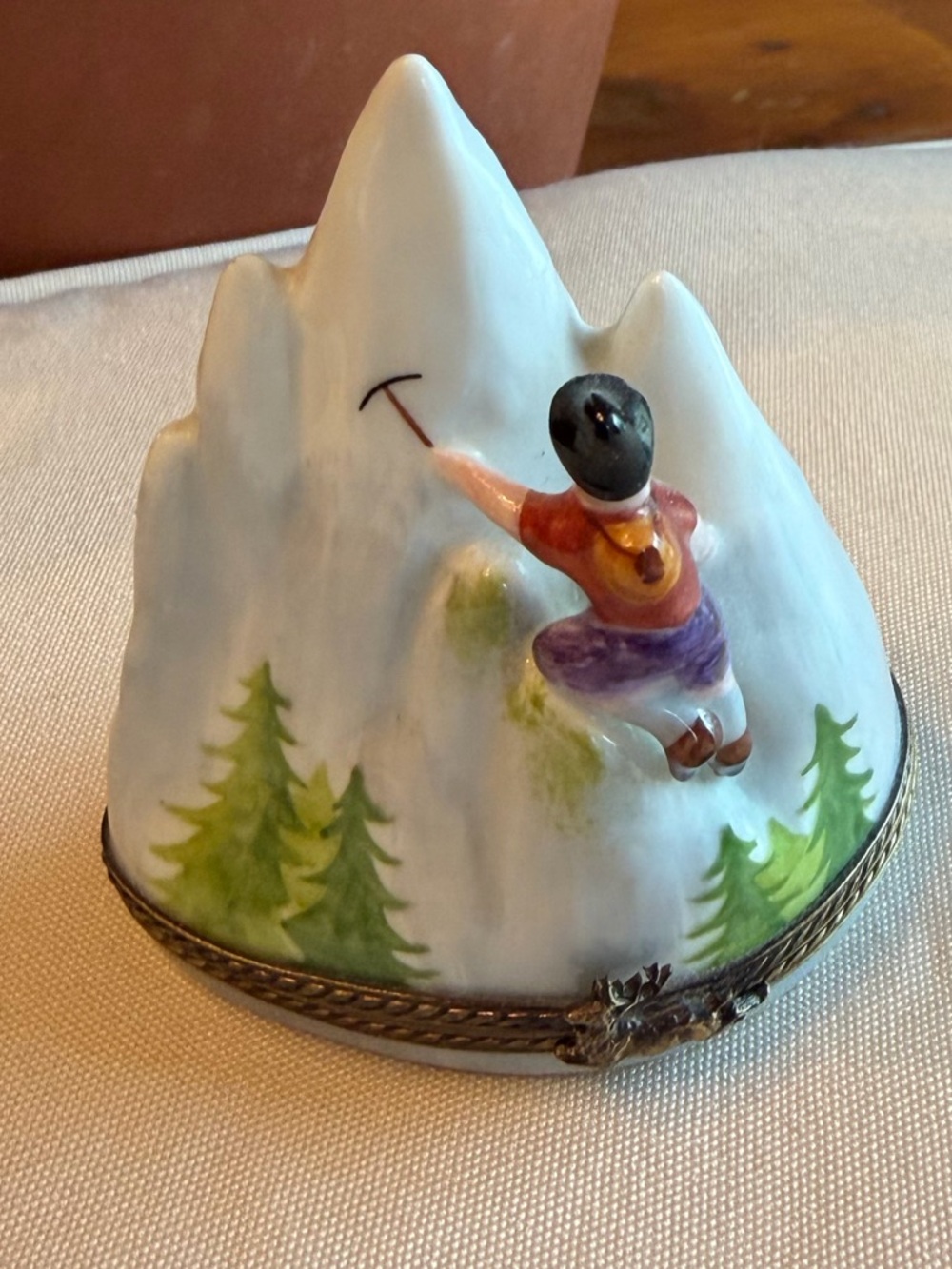 Limoges Hand-Painted Porcelain Mountain Climber Trinket Box in White and Green